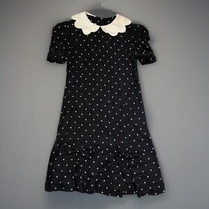 VTG Dunleavy 70s black & white polkadot girls dress w/ scalloped Neckline‎ SZ 8